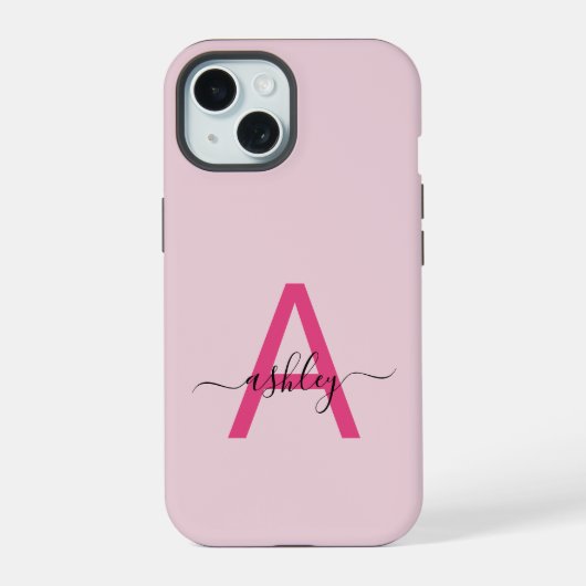 Hot Pink Modern Script Girl Monogram Name iPhone 15 Hülle (Rückseite)