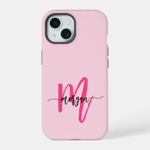 Hot Pink Modern Script Girl Monogram Name iPhone 15 Hülle