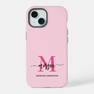 Hot Pink Modern Script Girl Monogram Name iPhone 15 Hülle