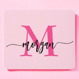 Hot Pink Modern Script Girl Monogram Name Mousepad