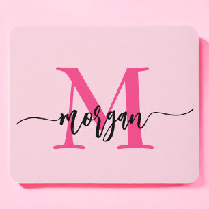 Hot Pink Modern Script Girl Monogram Name Mousepad