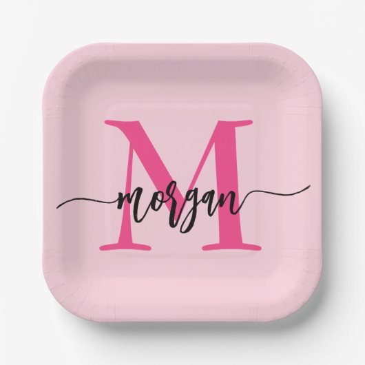 Hot Pink Modern Script Girl Monogram Name Pappteller (Vorderseite)