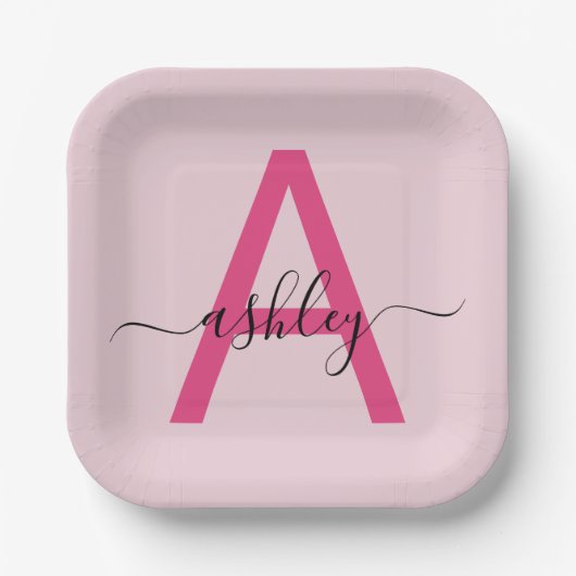 Hot Pink Modern Script Girl Monogram Name Pappteller (Vorderseite)