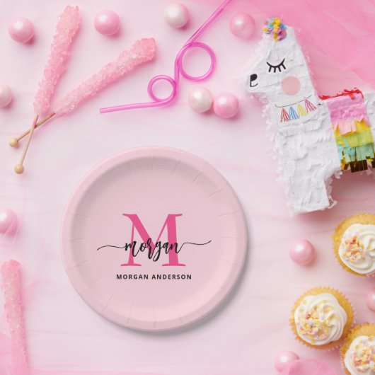 Hot Pink Modern Script Girl Monogram Name Pappteller (Party)