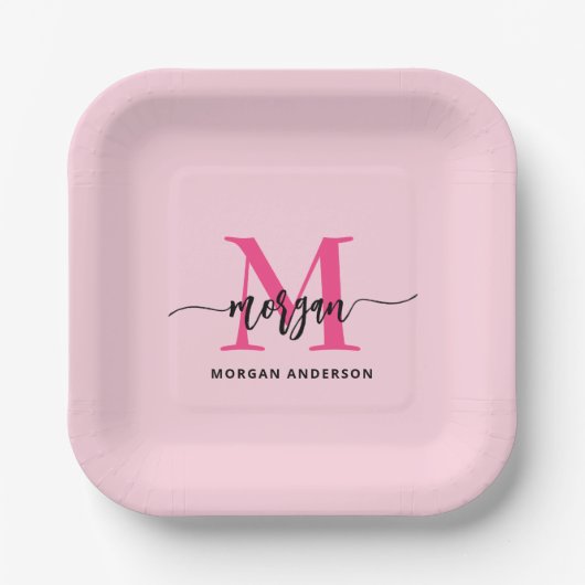 Hot Pink Modern Script Girl Monogram Name Pappteller (Vorderseite)