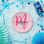 Hot Pink Modern Script Girl Monogram Name Pappteller (Party)