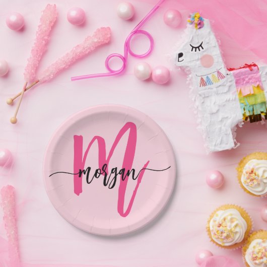 Hot Pink Modern Script Girl Monogram Name Pappteller (Party)