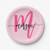 Hot Pink Modern Script Girl Monogram Name Pappteller (Vorderseite)