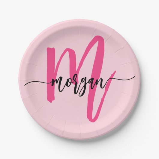 Hot Pink Modern Script Girl Monogram Name Pappteller (Vorderseite)