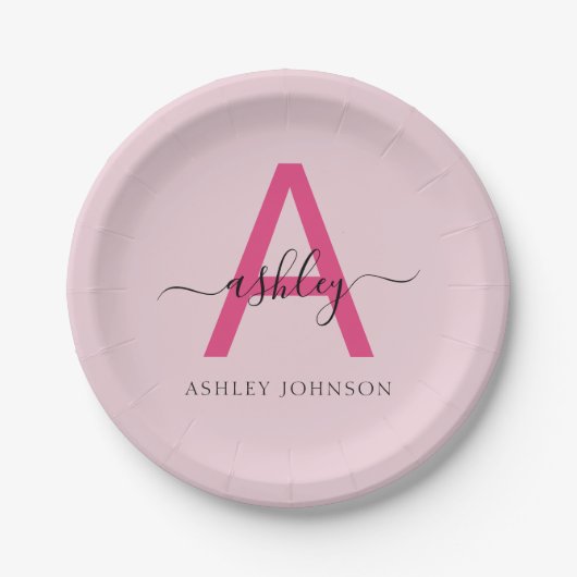 Hot Pink Modern Script Girl Monogram Name Pappteller (Vorderseite)