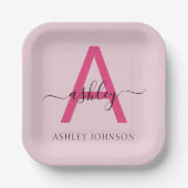 Hot Pink Modern Script Girl Monogram Name Pappteller (Vorderseite)