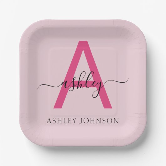 Hot Pink Modern Script Girl Monogram Name Pappteller (Vorderseite)