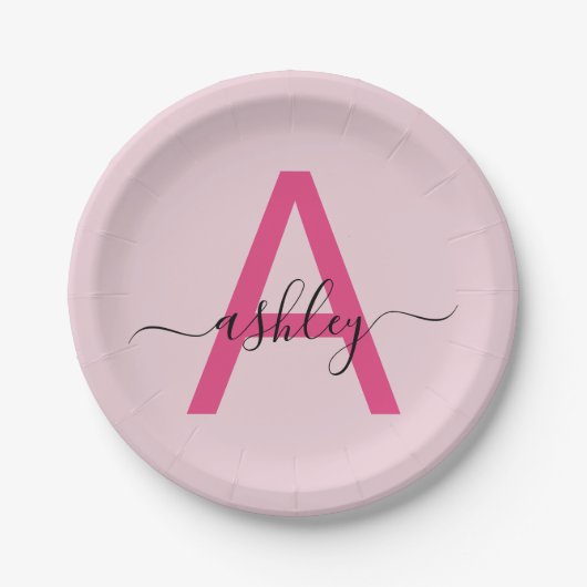 Hot Pink Modern Script Girl Monogram Name Pappteller (Vorderseite)