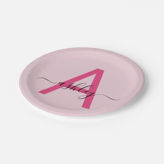 Hot Pink Modern Script Girl Monogram Name Pappteller (Schrägansicht)