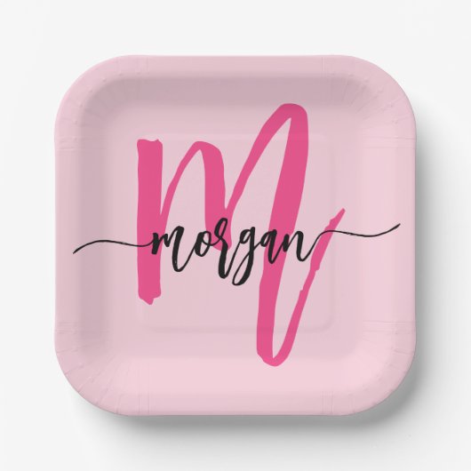 Hot Pink Modern Script Girl Monogram Name Pappteller (Vorderseite)