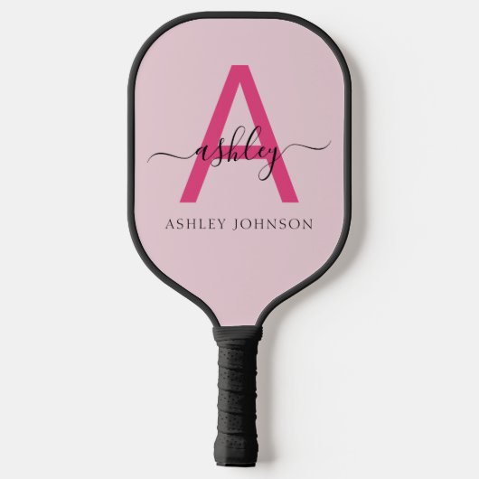 Hot Pink Modern Script Girl Monogram Name Pickleball Schläger (Rückseite)