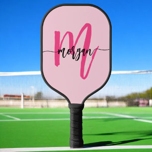 Hot Pink Modern Script Girl Monogram Name Pickleball Schläger