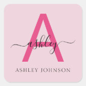 Hot Pink Modern Script Girl Monogram Name Quadratischer Aufkleber (Vorderseite)