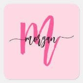 Hot Pink Modern Script Girl Monogram Name Quadratischer Aufkleber (Vorderseite)