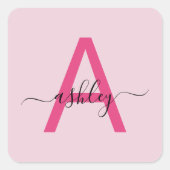Hot Pink Modern Script Girl Monogram Name Quadratischer Aufkleber (Vorderseite)