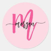 Hot Pink Modern Script Girl Monogram Name Runder Aufkleber (Vorderseite)