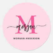 Hot Pink Modern Script Girl Monogram Name Runder Aufkleber (Vorderseite)