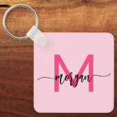 Hot Pink Modern Script Girl Monogram Name Schlüsselanhänger (Vorderseite)