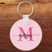 Hot Pink Modern Script Girl Monogram Name Schlüsselanhänger (Vorderseite)