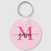 Hot Pink Modern Script Girl Monogram Name Schlüsselanhänger (Rückseite)
