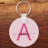 Hot Pink Modern Script Girl Monogram Name Schlüsselanhänger (Rückseite)
