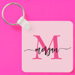 Hot Pink Modern Script Girl Monogram Name Schlüsselanhänger<br><div class="desc">Behalt deine Schlüssel stilvoll mit unserem Hot Pink Modern Script Girly Monogram Name Schlüsselanhänger! Dieser Schlüsselanhänger mit seinem lebhaften, rosafarbenen Design ist mit Ihrem Namen in einem schicken, modernen Drehbuch für eine maßgeschneiderte, modische Touch personalisiert. Ideal, um einen Flair in Ihre Tasche zu stecken, sowohl praktisch als auch stilvoll. Dieser...</div>