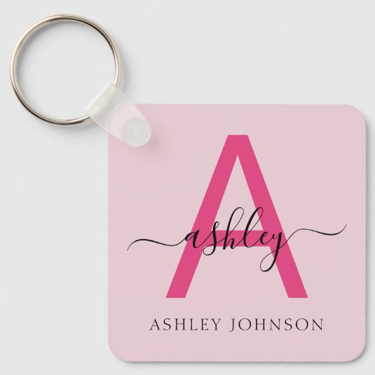 Hot Pink Modern Script Girl Monogram Name Schlüsselanhänger (Vorderseite)
