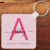 Hot Pink Modern Script Girl Monogram Name Schlüsselanhänger (Rückseite)