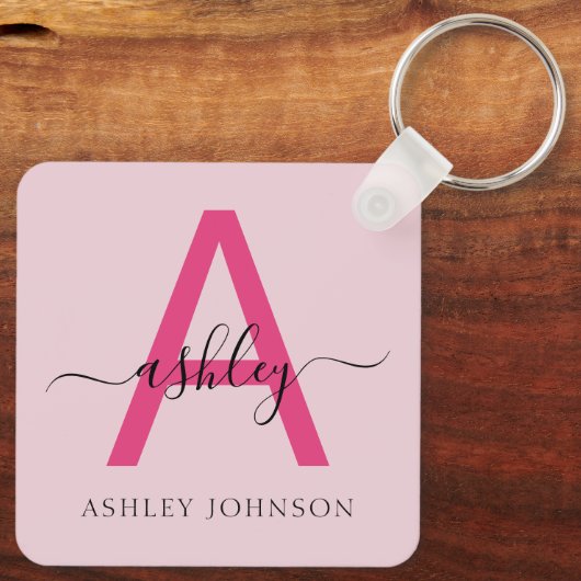 Hot Pink Modern Script Girl Monogram Name Schlüsselanhänger (Rückseite)