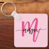 Hot Pink Modern Script Girl Monogram Name Schlüsselanhänger (Vorderseite)