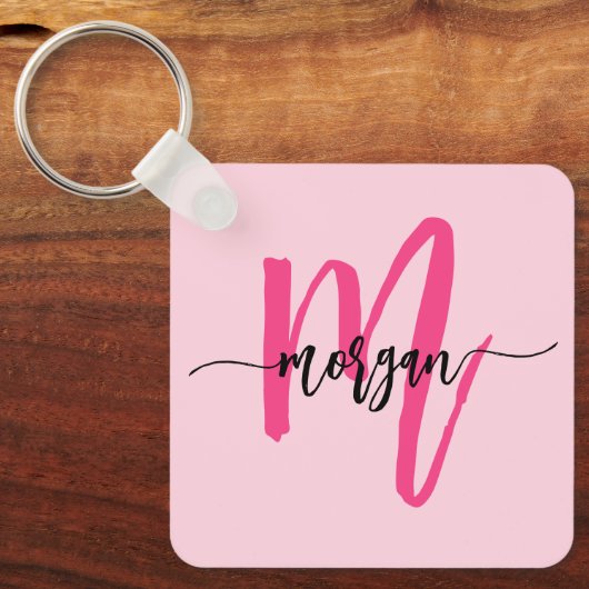 Hot Pink Modern Script Girl Monogram Name Schlüsselanhänger (Vorderseite)