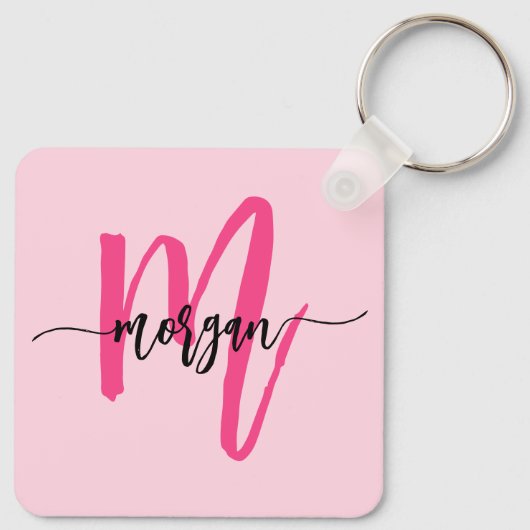 Hot Pink Modern Script Girl Monogram Name Schlüsselanhänger (Rückseite)