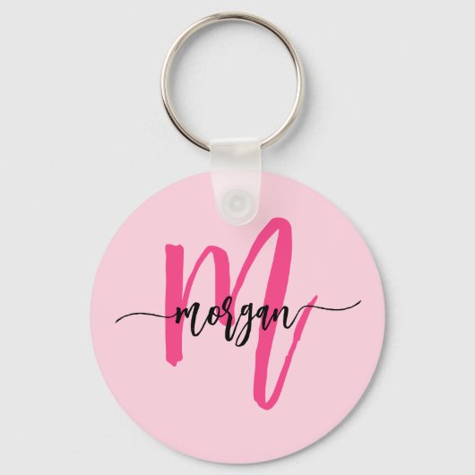 Hot Pink Modern Script Girl Monogram Name Schlüsselanhänger (Vorderseite)