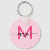 Hot Pink Modern Script Girl Monogram Name Schlüsselanhänger (Rückseite)