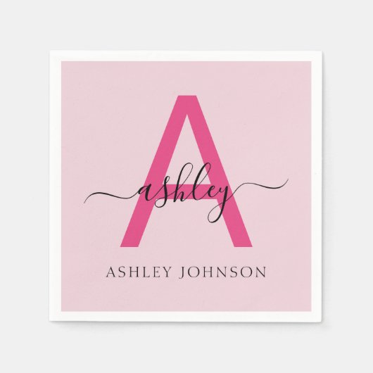 Hot Pink Modern Script Girl Monogram Name Serviette (Vorderseite)