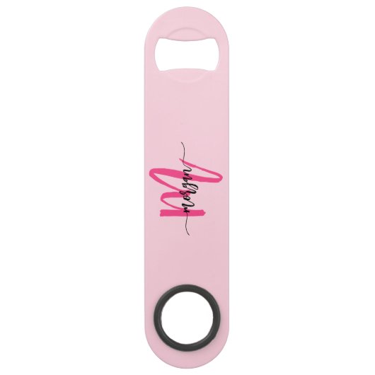 Hot Pink Modern Script Girl Monogram Name Speed Flaschenöffner (Rückseite)