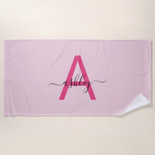 Hot Pink Modern Script Girl Monogram Name Strandtuch (Vorderseite)