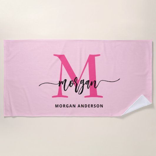 Hot Pink Modern Script Girl Monogram Name Strandtuch (Vorderseite)