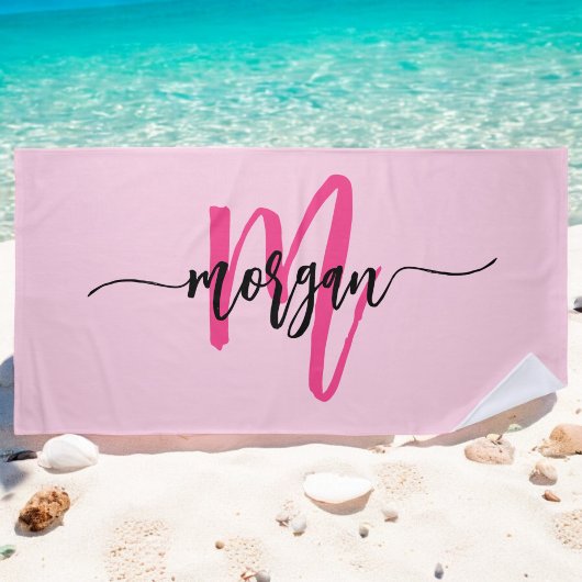 Hot Pink Modern Script Girl Monogram Name Strandtuch