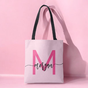 Hot Pink Modern Script Girl Monogram Name Tasche