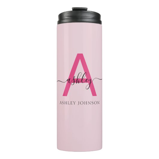 Hot Pink Modern Script Girl Monogram Name Thermosbecher (Vorderseite)