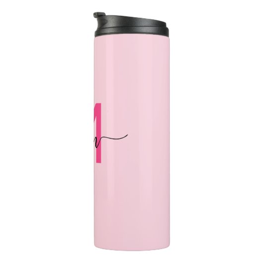Hot Pink Modern Script Girl Monogram Name Thermosbecher (Nach rechts gedreht)