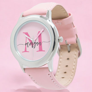 Hot Pink Modern Script Girls Monogram Name Armbanduhr
