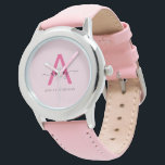Hot Pink Modern Script Girls Monogram Name Armbanduhr<br><div class="desc">Ein zeitloses Accessoire für alle, die einen anspruchsvollen Geschmack nach Eleganz haben. Diese benutzerdefinierte Monogramm-Uhr mit dem heißen rosa "A" in einem modernen Skript kombiniert mühelos Eleganz mit einem spielerischen Pop von Farbe. Das weiche, schwarze Lederband bietet Komfort und Luxus, während die elegante silberne Hülle eine raffinierte Touch verleiht. Diese...</div>