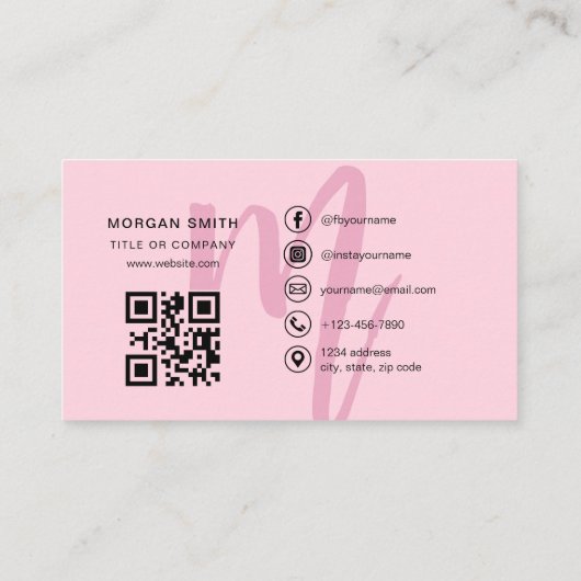 Hot Pink Modern Script QR Code Monogram Name Visitenkarte (Rückseite)